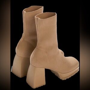 Nude Tan Platform Block Ankle High Heel Sock Boots